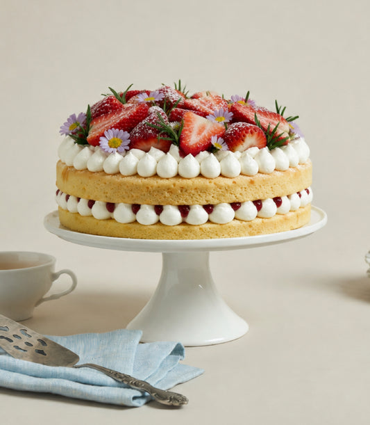 Charlotte Bakery's artisan naked cake with fresh strawberries, powdered sugar, rosemary,