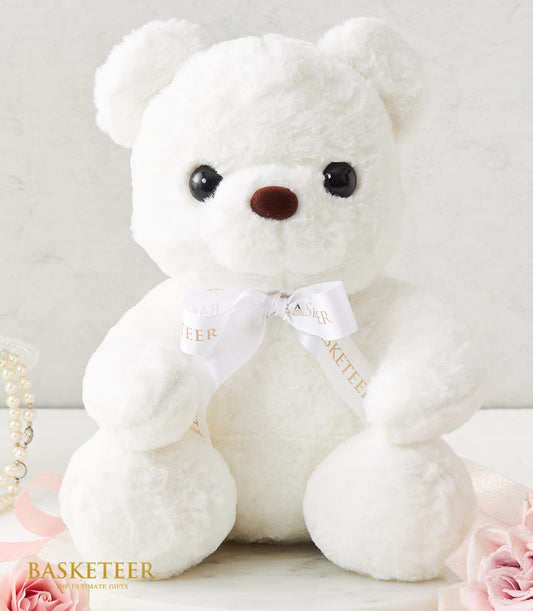 Soft white plush teddy bear 30 cm with satin ribbon bow, perfect luxury gift