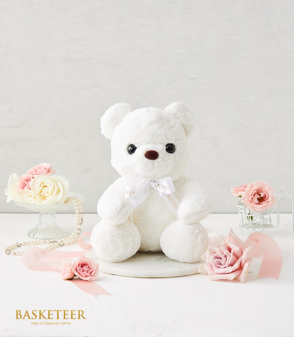 Cream teddy bear with ribbon bow, 30 cm plush companion for luxury gift hampers