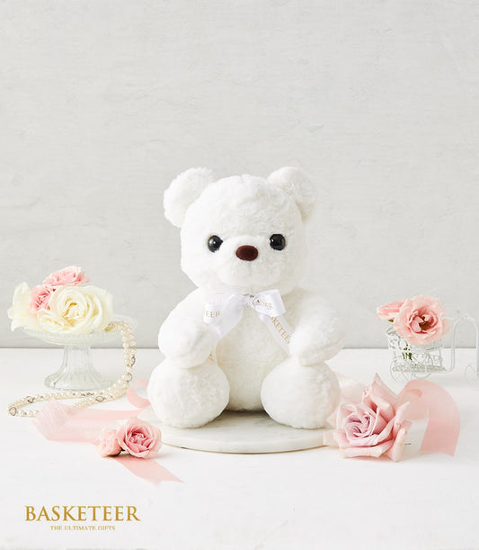 Cream teddy bear with ribbon bow, 30 cm plush companion for luxury gift hampers