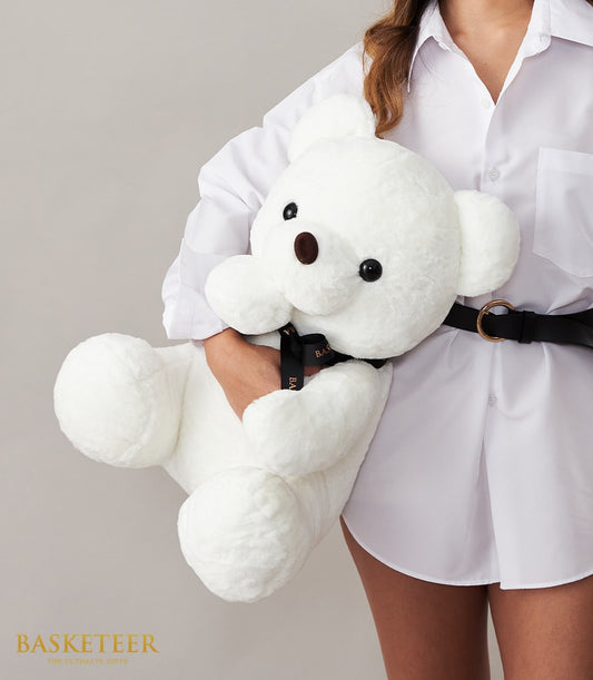 Large white plush teddy bear 50cm with black ribbon and gold accents, perfect for gifting