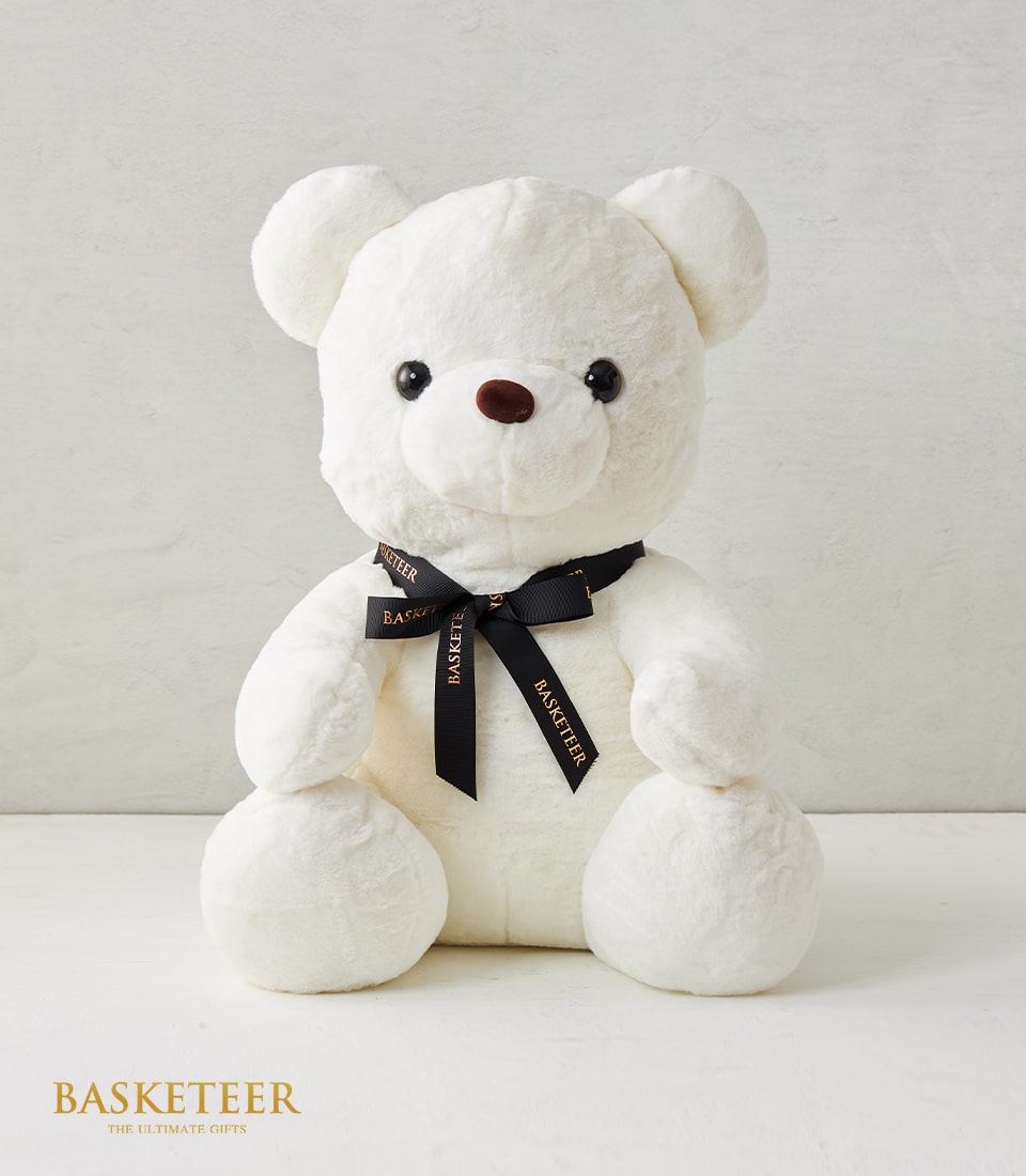 Soft white plush teddy bear 50 cm with black satin ribbon bow, perfect for gifting