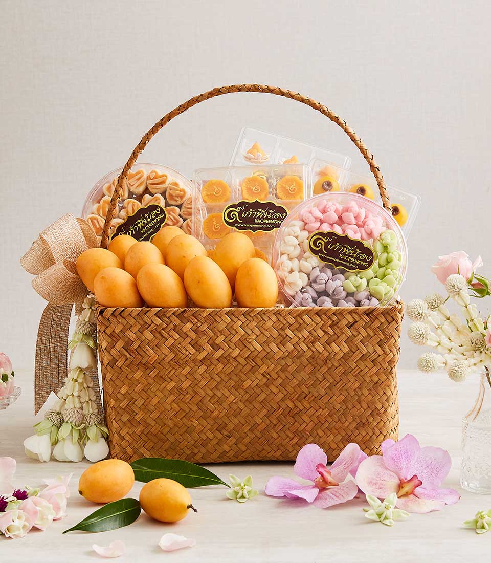 Thai dessert and Marian plum gift basket with artisan sweets, cookies, and fresh fruit for Songkran