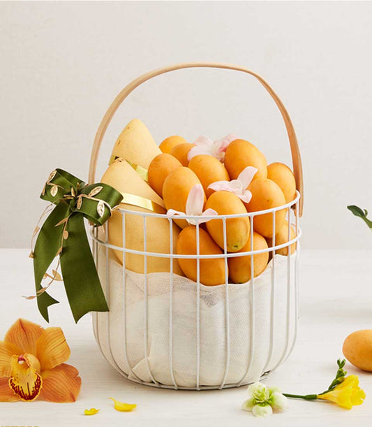 Luxury fruit gift basket with fresh mangoes, plums, and tropical fruits in white wire basket with gold ribbon bow