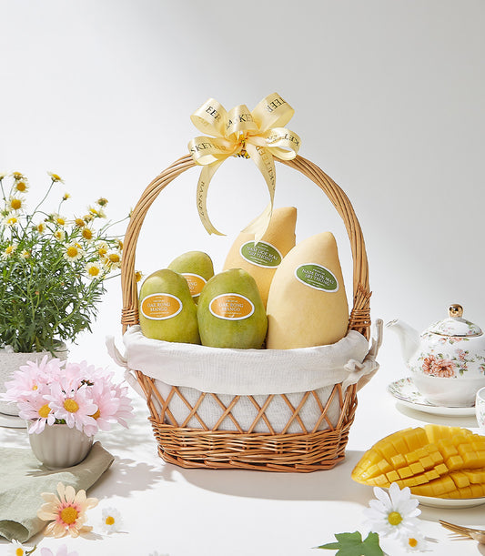 Imperial Gold wicker basket with Nam Dok Mai and Okrong mangoes, yellow ribbon bow, tropical fruit gift hamper