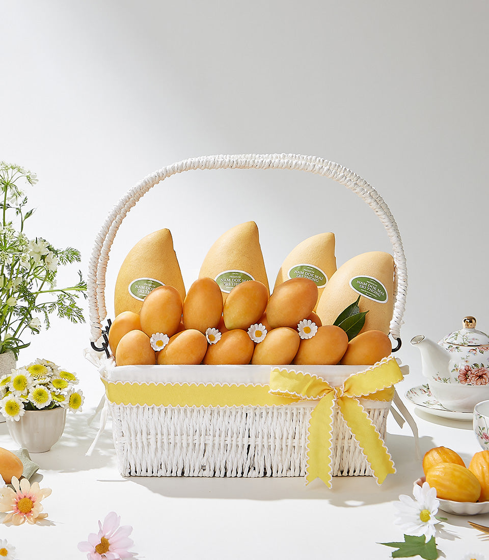 Premium mango gift basket with yellow ribbon, Nam Dok Mai Sri Thong fruits in white woven basket