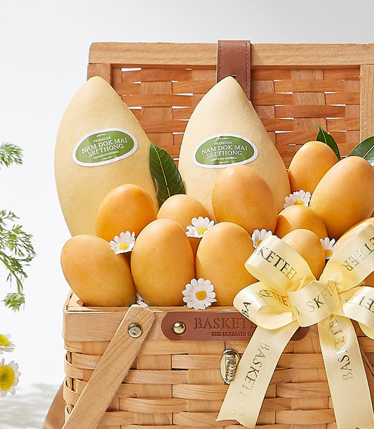 Premium Nam Dok Mai mango and mayongchid plum gift basket with fresh tropical fruits and white flowers