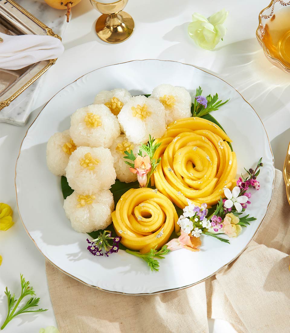 Golden Blossom Mango Sticky Rice luxury dessert box with mango roses, sticky rice, and edible silver leaf