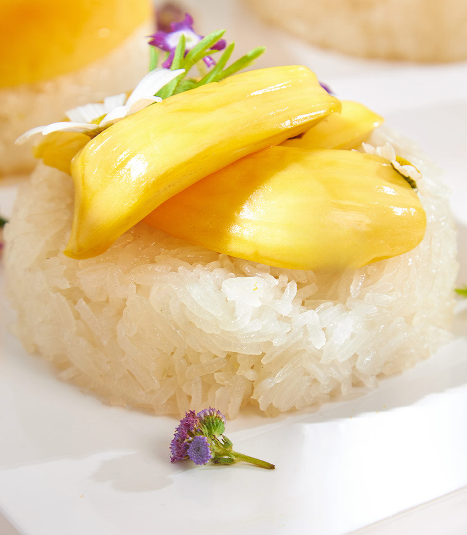 Mango sticky rice dessert with ripe mango slices, white sticky rice, and edible flower garnish on white plate