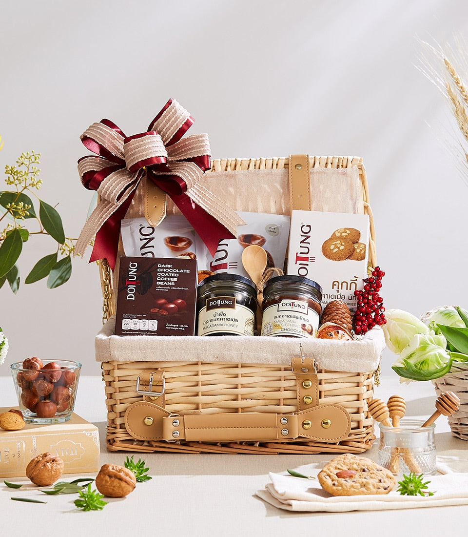Grandeur from Doi Tung woven gift basket with macadamia honey spread, chocolate nuts spread, coffee beans, and artisan