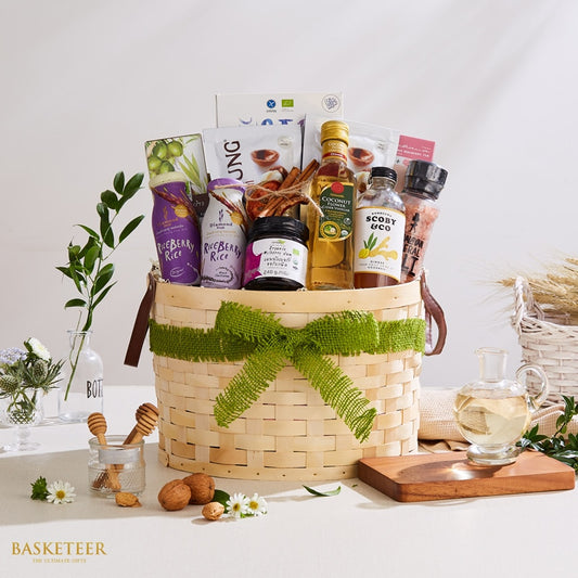 Artisan Thai gourmet gift basket with riceberry rice drinks, organic mulberry jam, coconut flower vinegar, kombucha, and