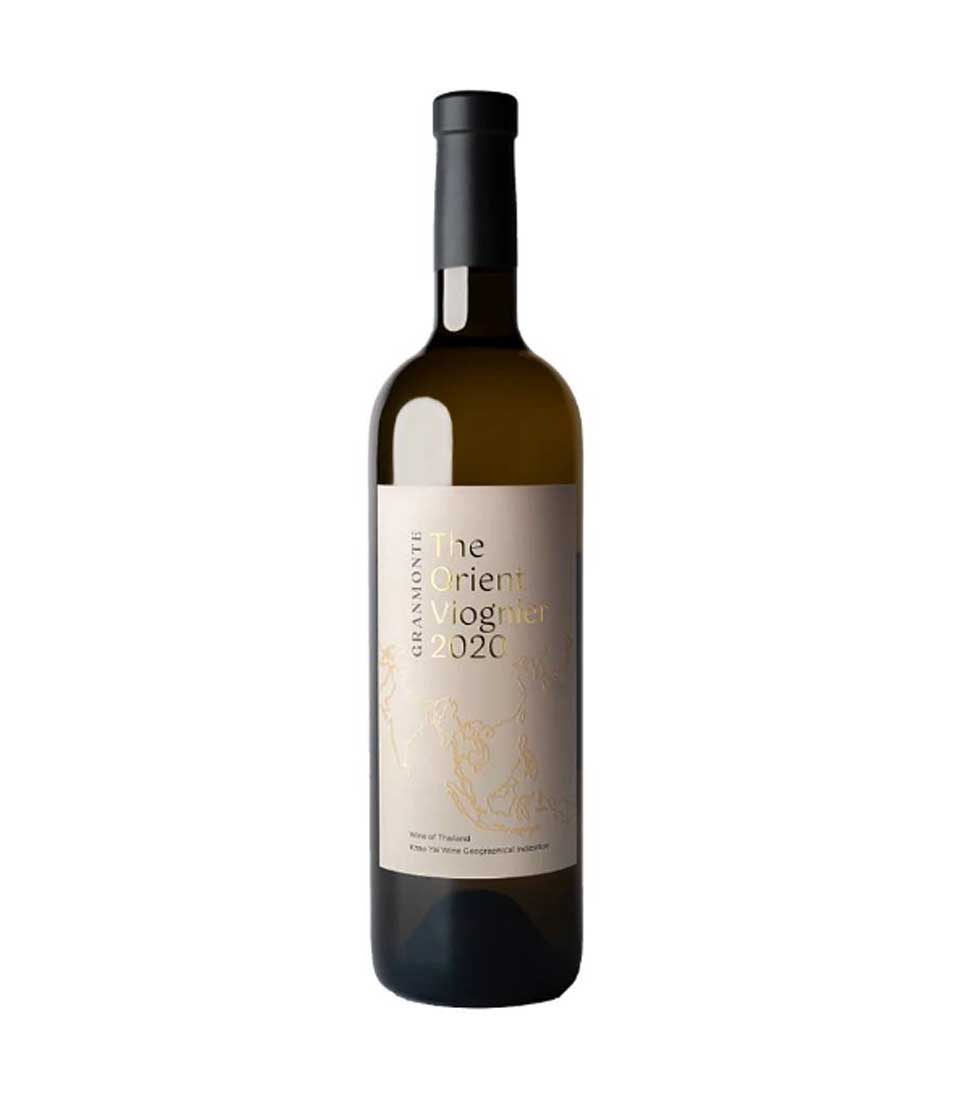 The Orient Viognier pale yellow wine bottle with cream label and gold typography, Thai wine gift