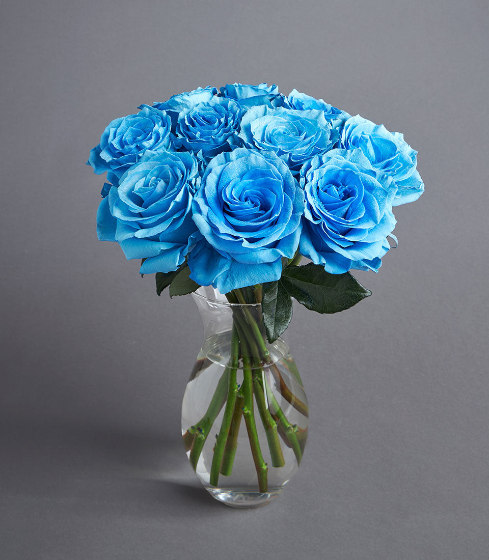 A stunning bouquet of vibrant blue roses, elegantly arranged in a clear glass vase.