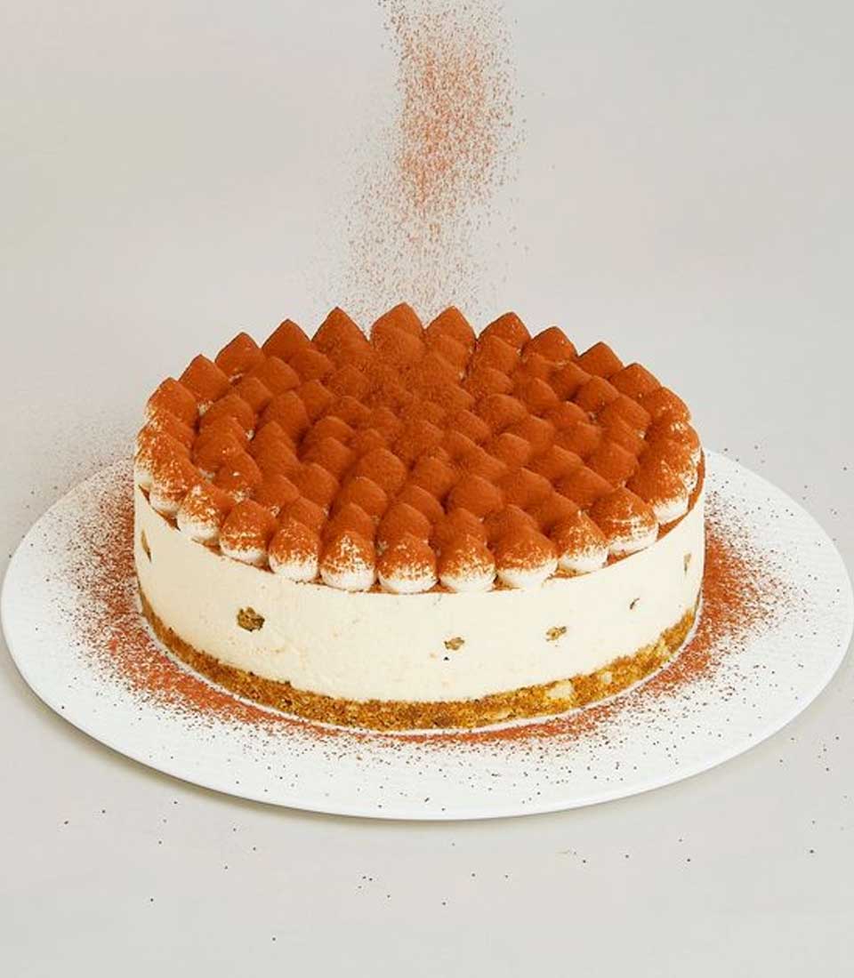 Tiramisu mascarpone cake with cocoa-dusted cream dollops and coffee-soaked ladyfingers