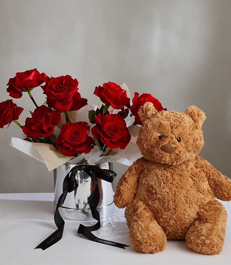 Red roses in silver hatbox with brown teddy bear, Valentine's Day gift combo