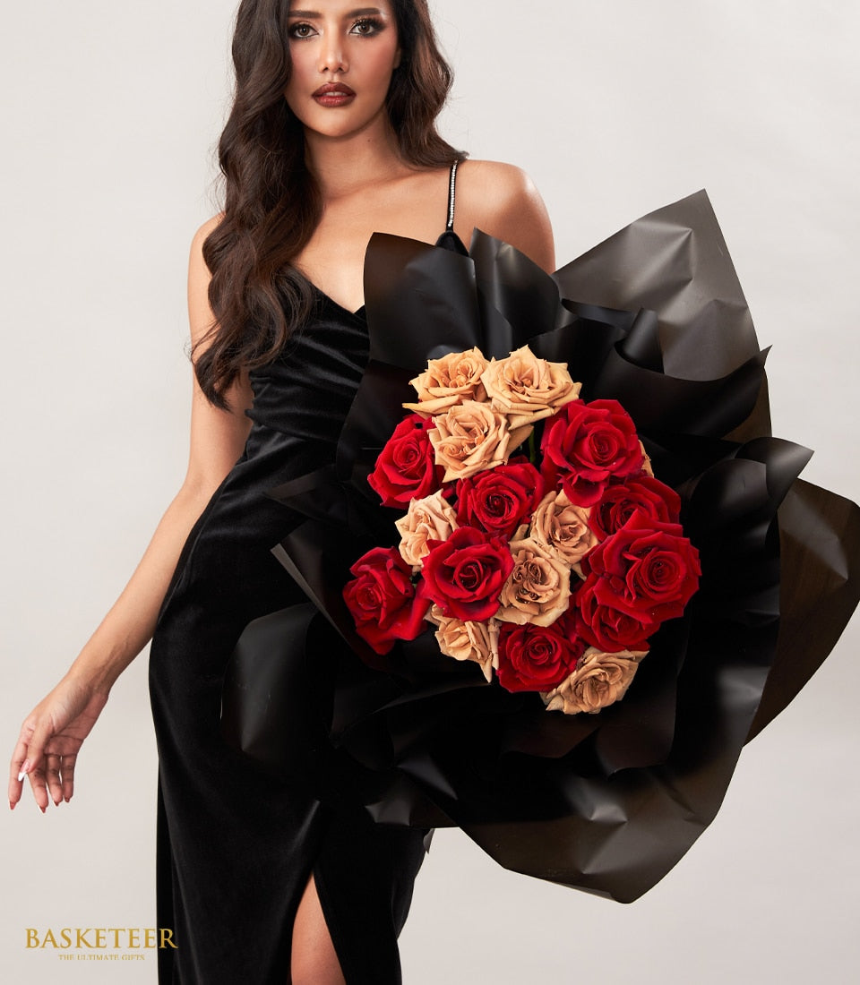 Red and champagne roses bouquet in black paper with ribbon, premium anniversary gift for her