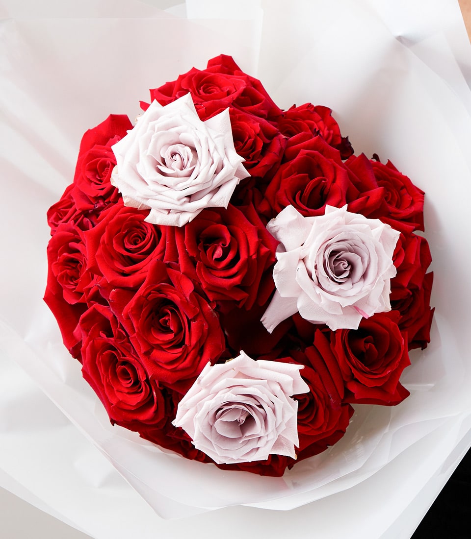Romantic red and lavender rose bouquet wrapped in crisp white paper for anniversaries