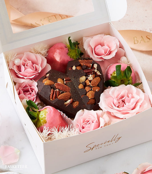 Heart-shaped dark chocolate with strawberries and roses Valentine's gift box for her
