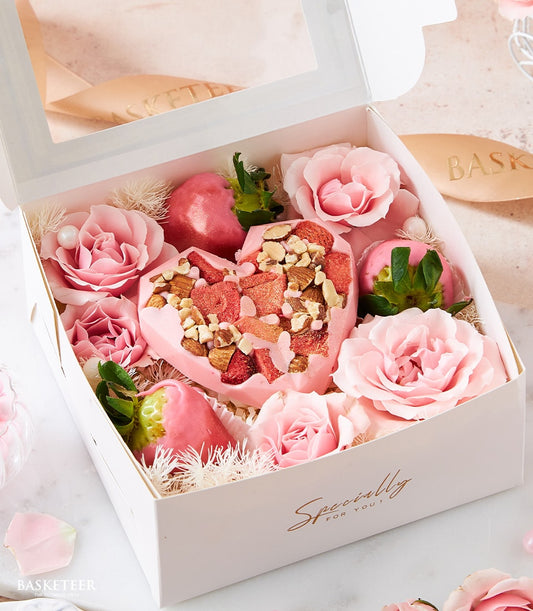 Sweet pink heart chocolate set with strawberries and roses, Valentine's Day gift box for her