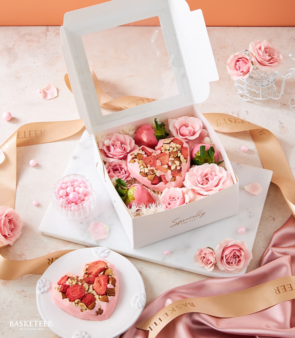 Pink heart chocolate set with rose soaps and strawberries, Valentine's Day gift box with gold ribbon