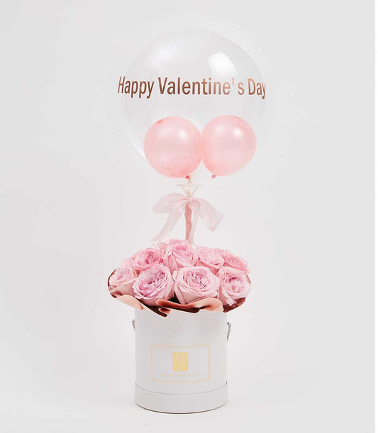 Pink roses and balloons Valentine's Day gift box with rose gold lettering