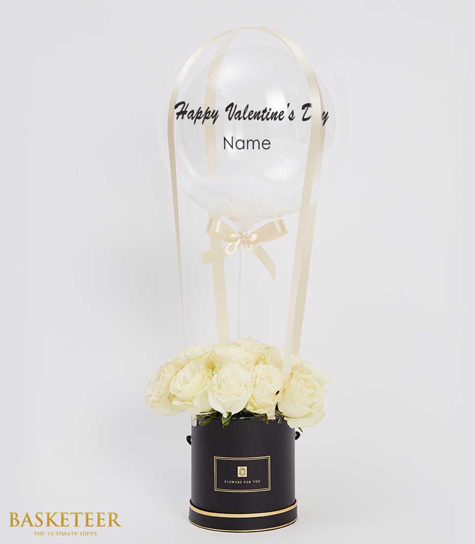 White roses in luxury black box with Valentine's Day balloon arrangement, premium fresh flower gift