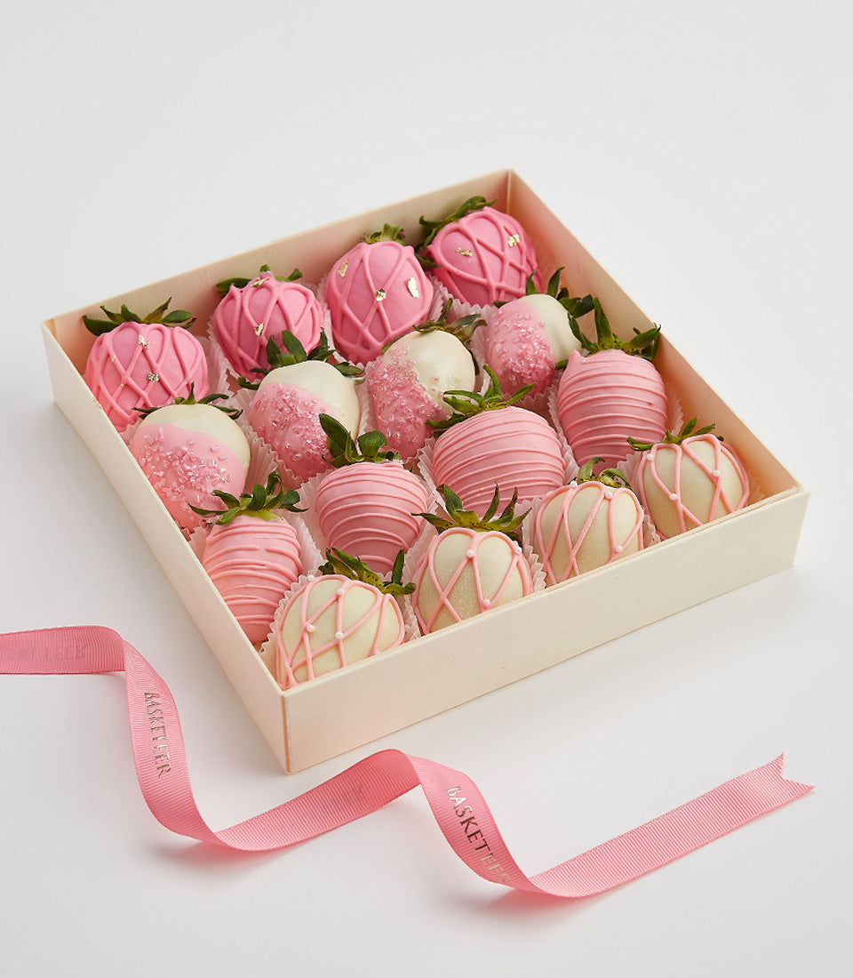 Deluxe chocolate-covered strawberries with pink and white decorative piping, Valentine's Day gift box