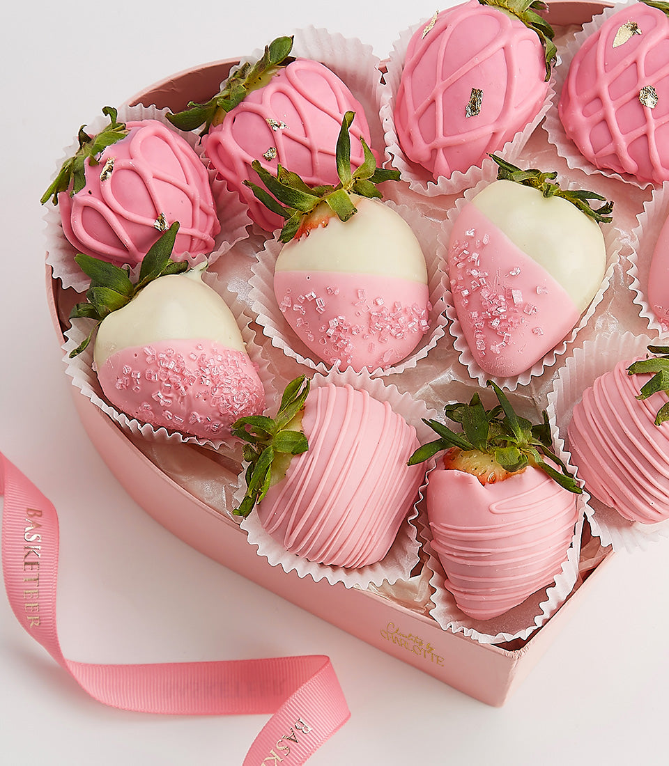 Heart-shaped box of artisan pink chocolate-covered strawberries with gold leaf, Valentine's Day gift