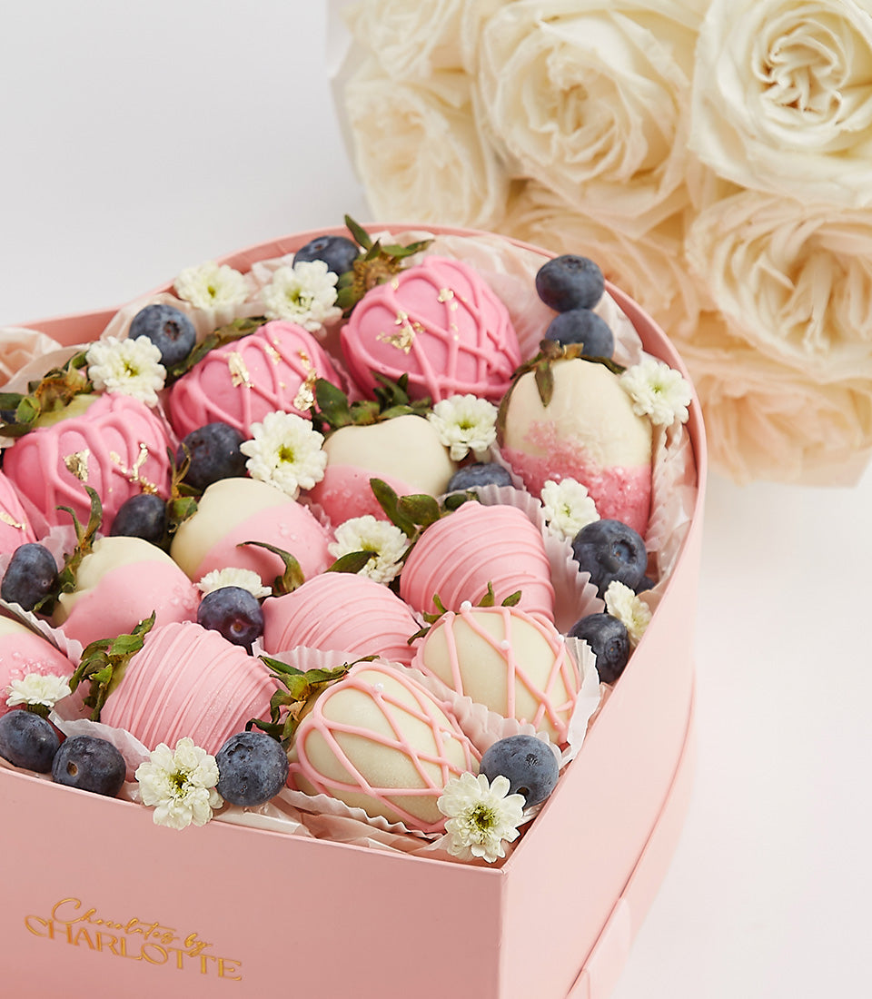 Heart-shaped chocolate-covered strawberries with white roses and blueberries, Valentine's Day gift set