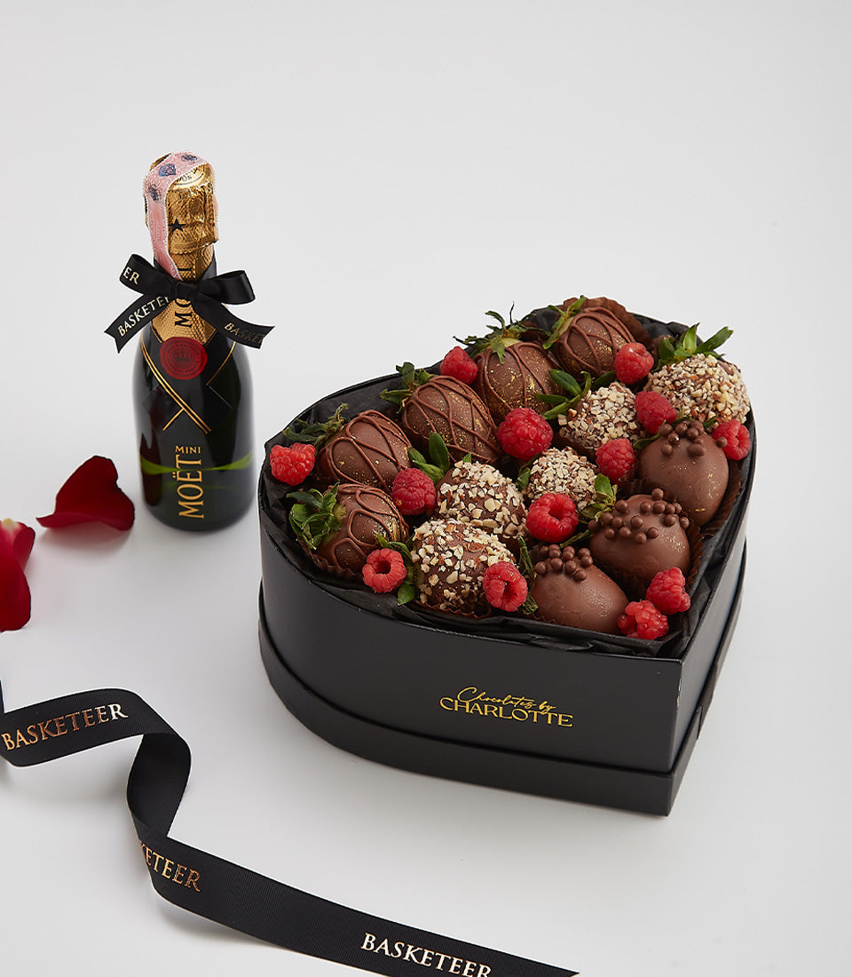 Dark chocolate strawberries and Moët champagne Valentine gift set with rose petals