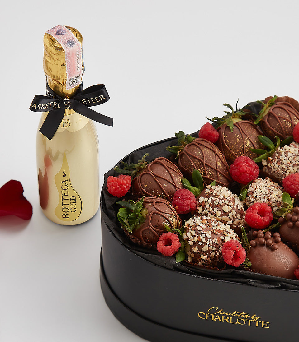 Luxury Bottega Gold sparkling wine with dark chocolate strawberries and raspberries gift set