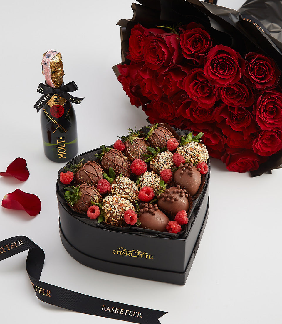 Moët champagne, dark chocolate strawberries, and red roses Valentine gift set