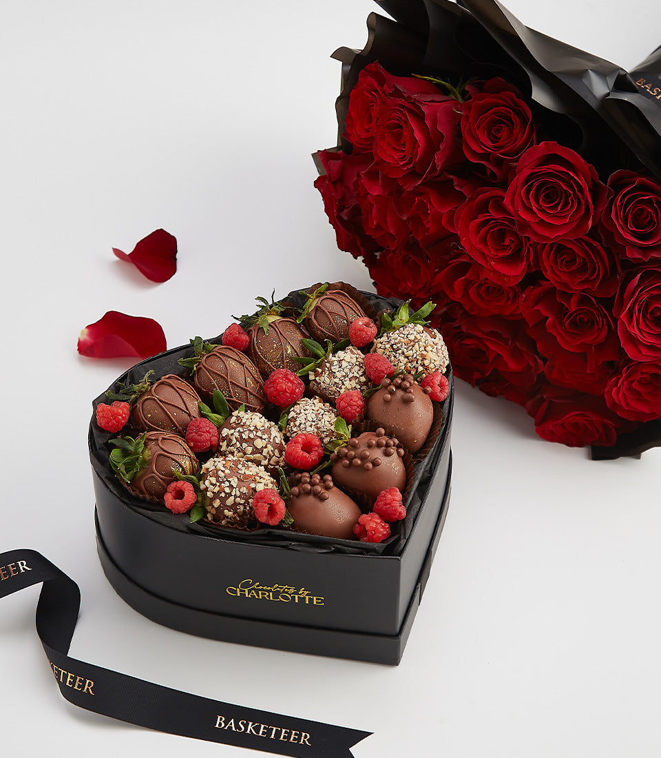 Dark chocolate strawberries and deep red roses Valentine's gift set in heart-shaped box