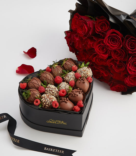 Dark chocolate strawberries and deep red roses Valentine's gift set in heart-shaped box