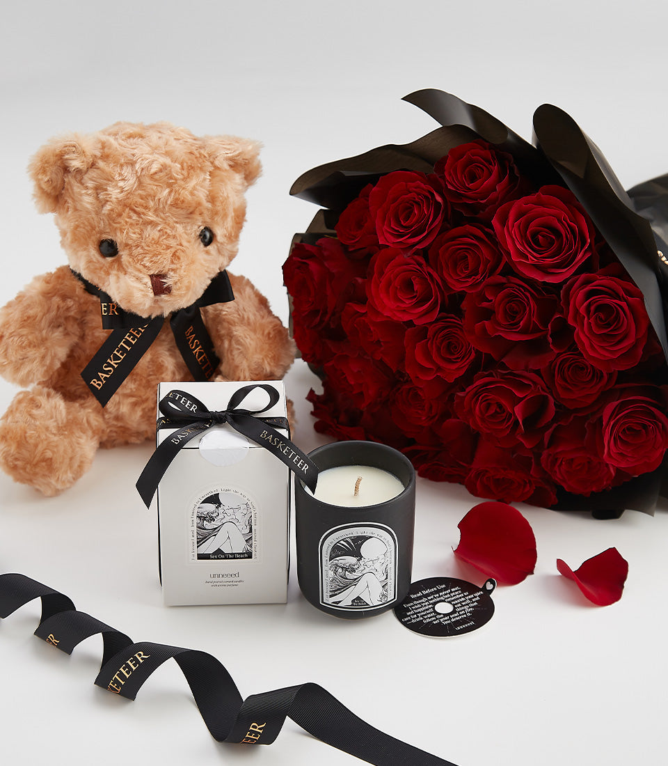 Romantic red rose bouquet with teddy bear and luxury candle gift set for Valentine's Day