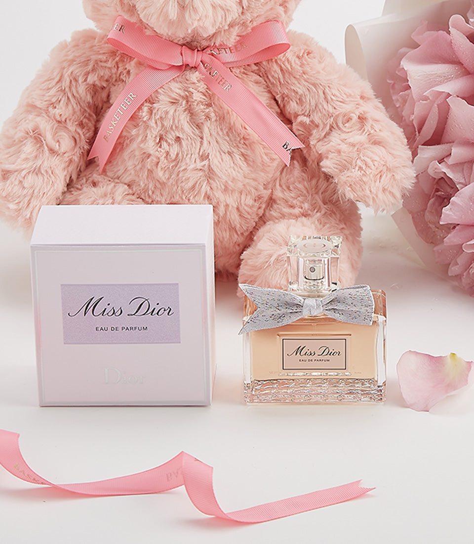 Pink rose and perfume Valentine's gift set with plush teddy bear and luxury fragrance