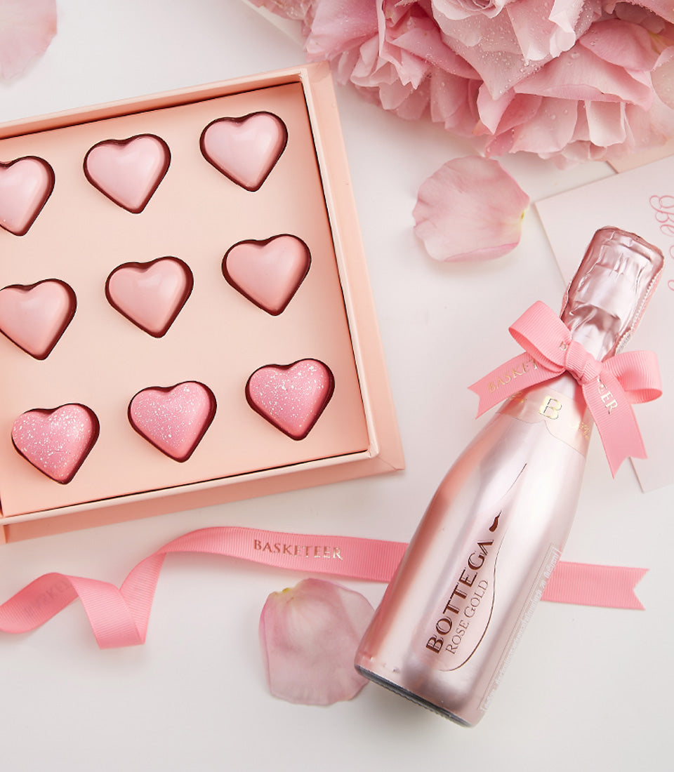 Pink Champagne & Heart Chocolates Valentine's luxury gift set with rose gold Bottega sparkling wine