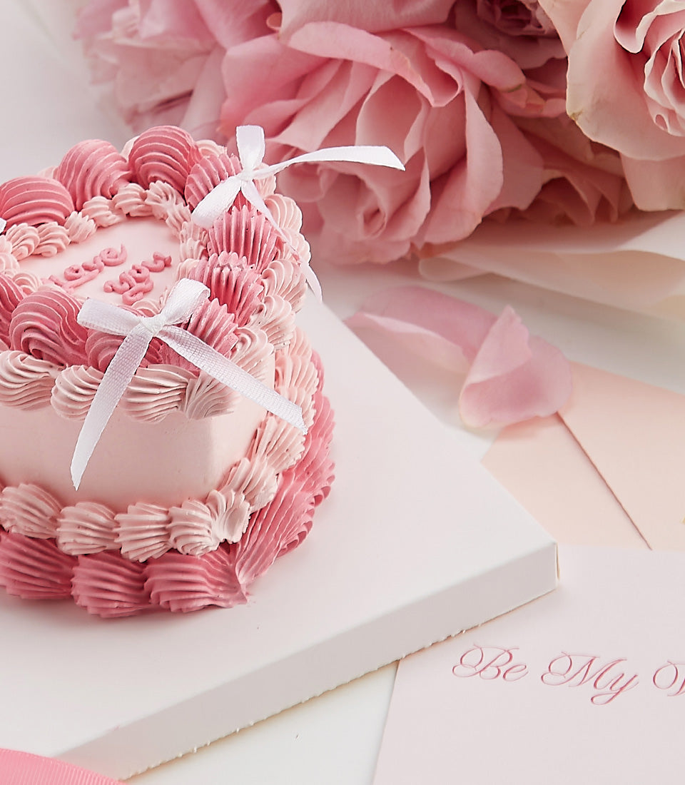 Romantic pink heart cake with rose bouquet and Valentine wine gift set
