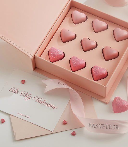 Pink raspberry passion heart chocolates Valentine's gift box with love card