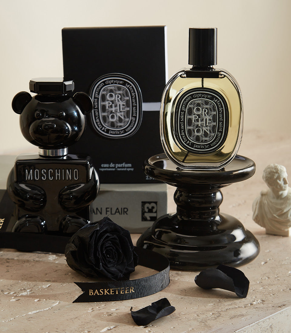 Luxury Valentine perfume duo with Moschino teddy bear bottle and Orpheon fragrance, black rose accent
