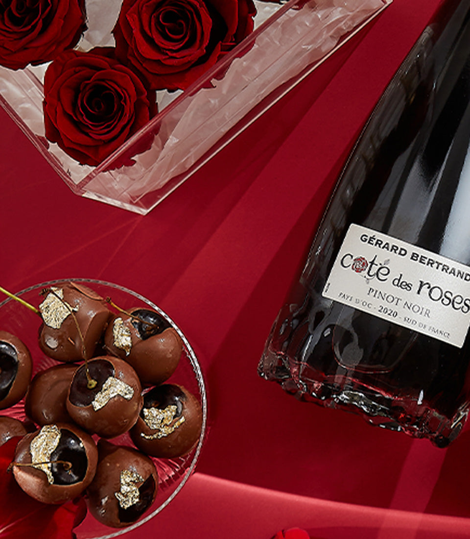 Luxury red roses with Pinot Noir wine and gold-leaf chocolate cherries Valentine gift set