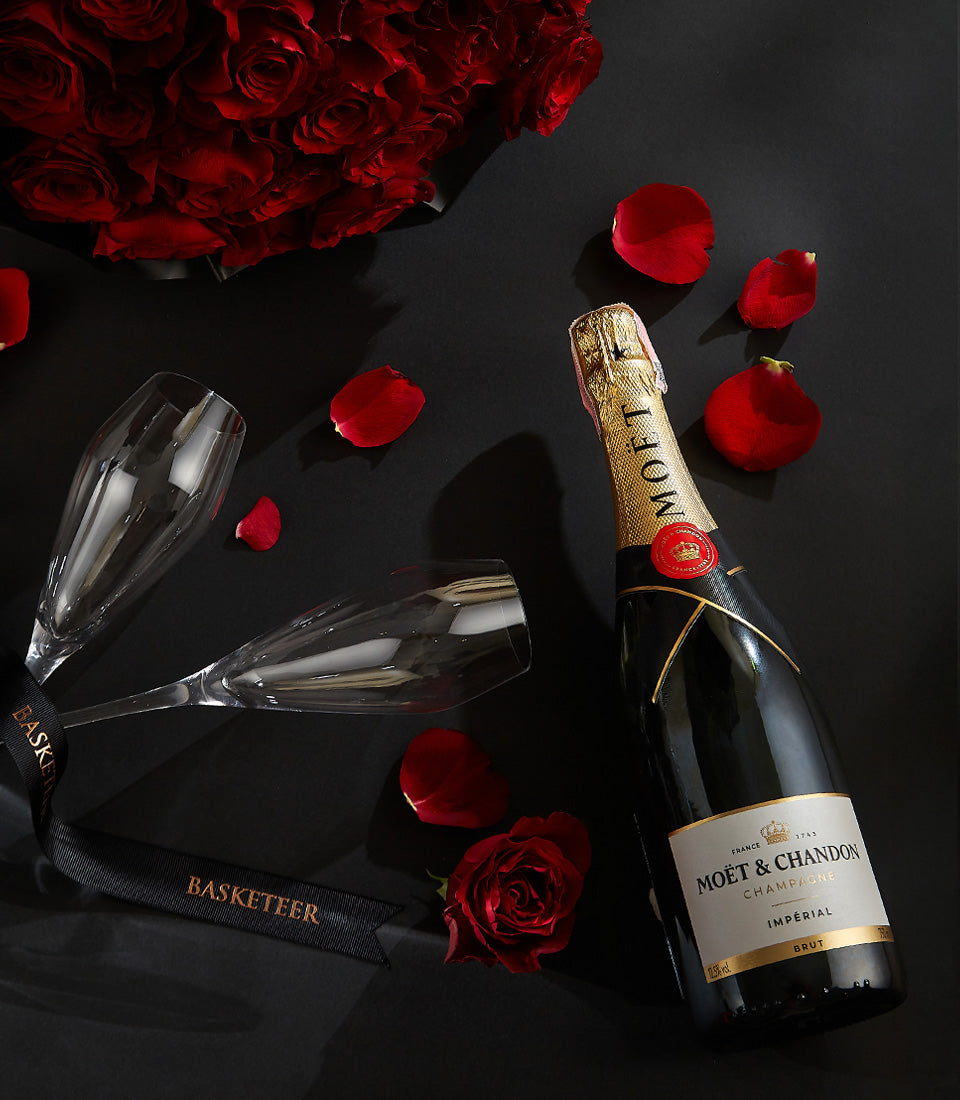 Romantic red rose bouquet with Moët & Chandon champagne and crystal flutes, Valentine wine gift set
