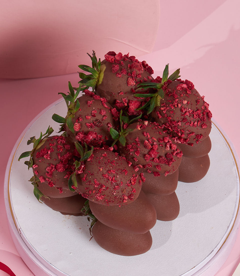 Charlotte Bakery dark chocolate covered strawberries with raspberry sprinkles, a perfect artisan cake order for Valentine's in Bangkok.