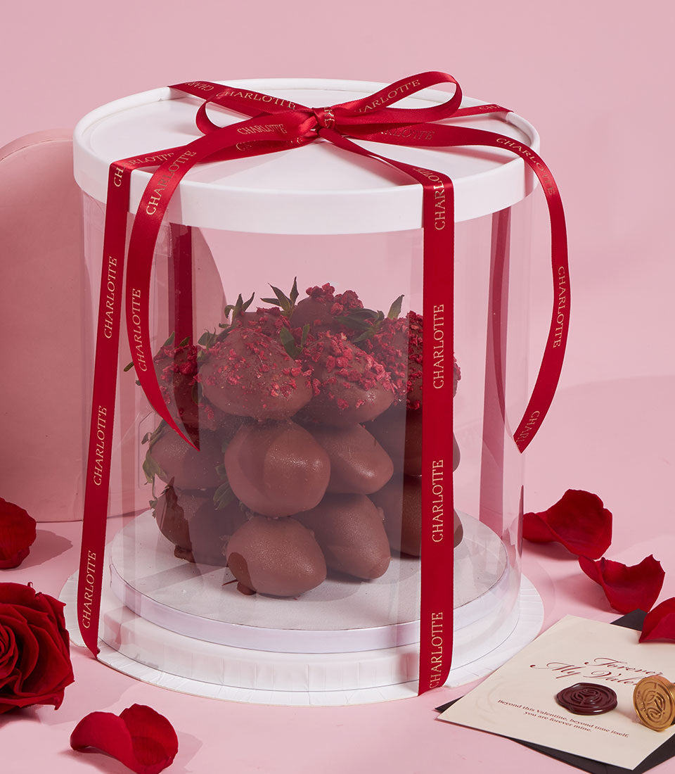 Dark and milk chocolate-covered strawberries with raspberry pieces, Charlotte Bakery luxury Valentine gift box with red