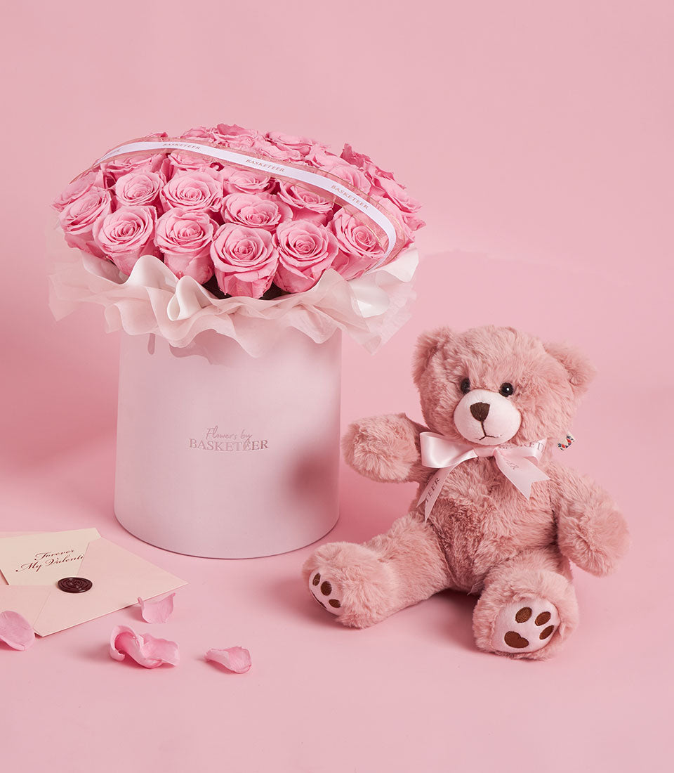 Pink preserved roses hatbox with teddy bear Valentine's gift set