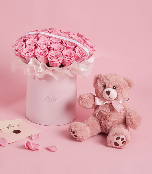 Pink preserved roses hatbox with teddy bear Valentine's gift set