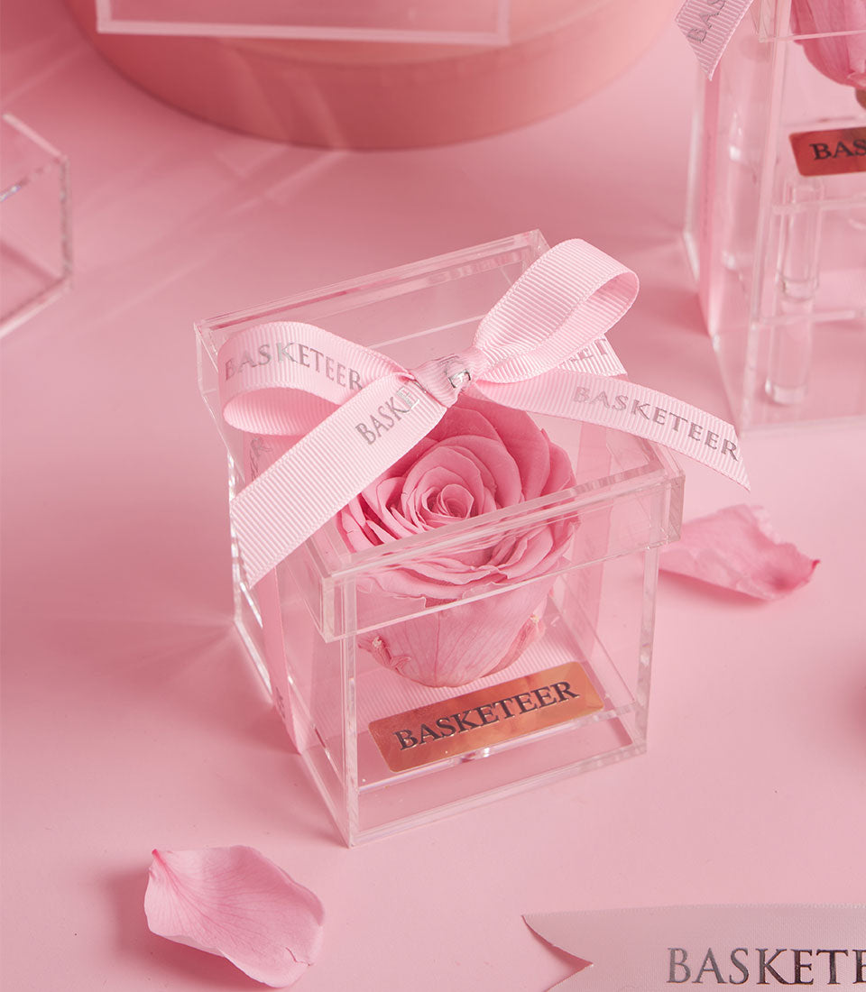 Preserved pink rose in clear acrylic VIP gift box with pink ribbon, Valentine's Day flower gift