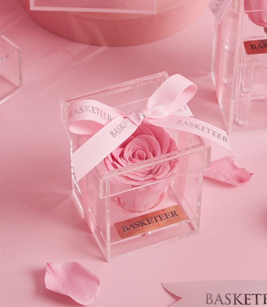 Preserved pink rose in clear acrylic VIP gift box with pink ribbon, Valentine's Day flower gift