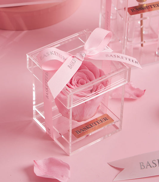 Sweet pink preserved rose in clear acrylic VIP gift box with silver ribbon, luxury Valentine's gift