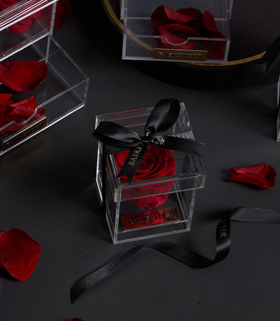 Eternal red preserved rose in clear acrylic VIP box with black satin ribbon, Valentine's luxury gift